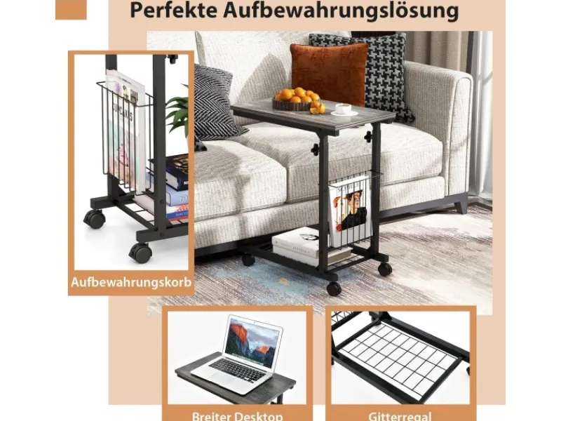 Best Costway Beistelltisch mit Rollen Laptoptisch Höhenverstellbar Grau