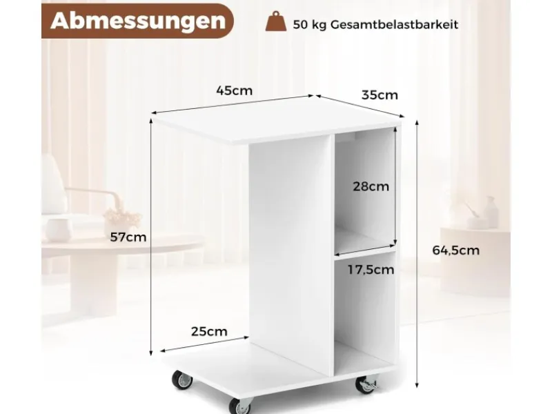 Outlet Costway Beistelltisch mit Rollen Sofatisch C-Form Nachttisch Weiß