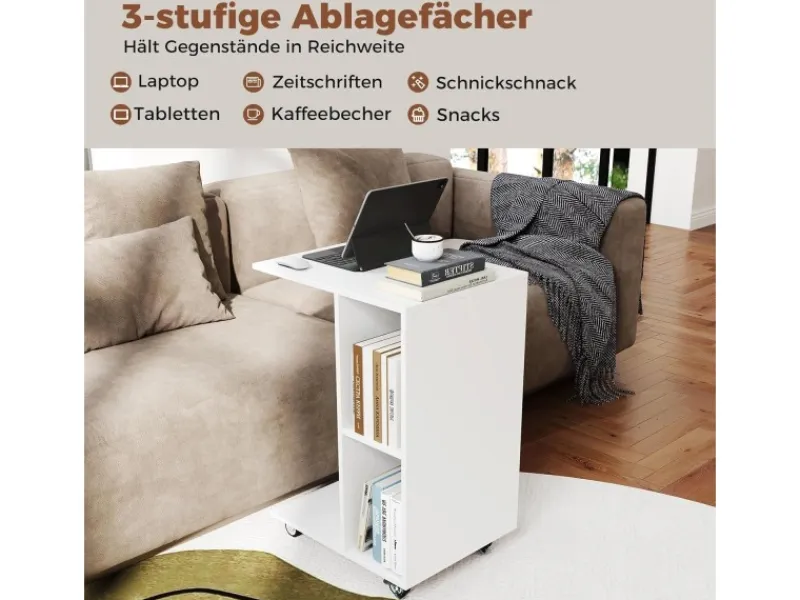 Outlet Costway Beistelltisch mit Rollen Sofatisch C-Form Nachttisch Weiß