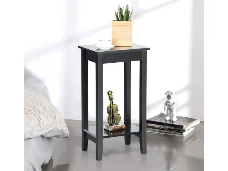 Costway Beistelltisch mit Regal 2-Stöckiger & 4 Massivholzbeinen Black