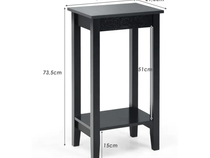 Costway Beistelltisch mit Regal 2-Stöckiger & 4 Massivholzbeinen Black