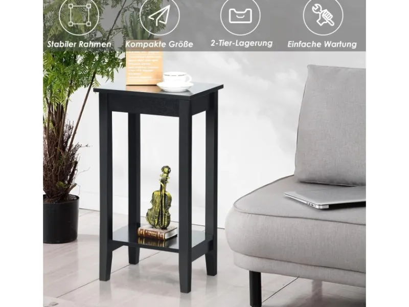 Costway Beistelltisch mit Regal 2-Stöckiger & 4 Massivholzbeinen Black