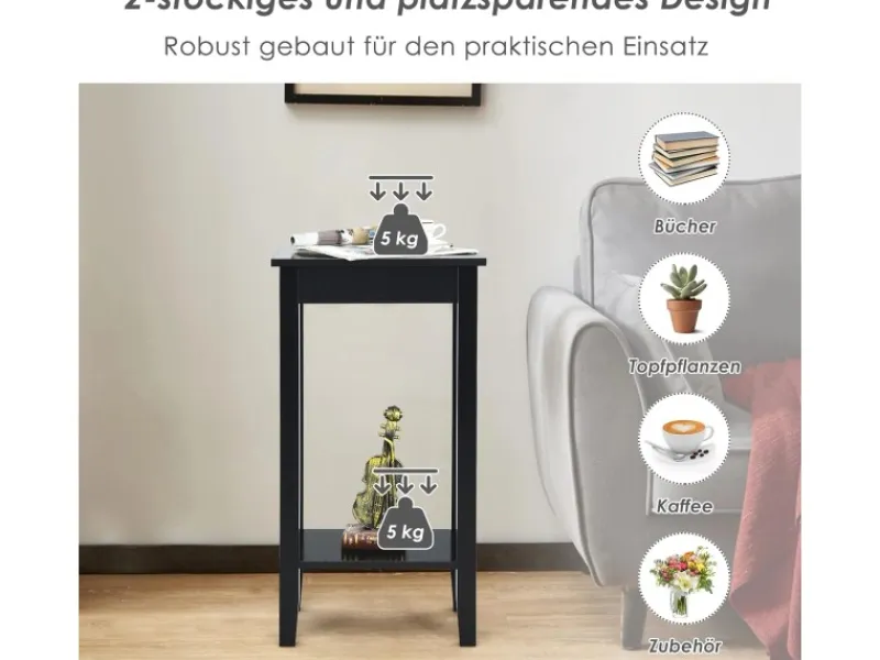 Costway Beistelltisch mit Regal 2-Stöckiger & 4 Massivholzbeinen Black