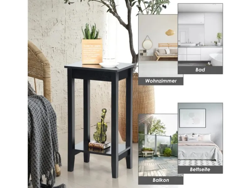 Costway Beistelltisch mit Regal 2-Stöckiger & 4 Massivholzbeinen Black