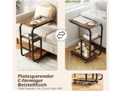 Costway Beistelltisch Sofatisch mit Rollen C-Form 3 Ebenen Kaffeetisch