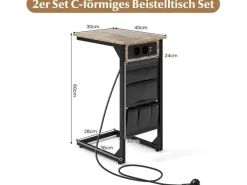 Costway 2er Set Beistelltisch mit Ladestation & USB Anschlüssen C-Form
