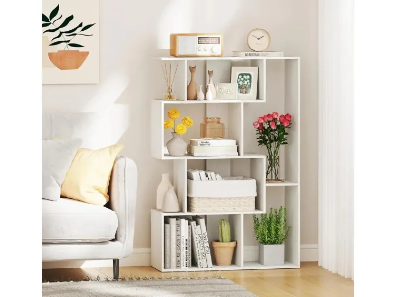 Discount Costway Geometrische Holzregal Bücherregal mit Kippsicherungen Weiß