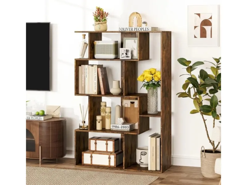 Outlet Costway Geometrische Holzregal Bücherregal mit Kippsicherungen Braun