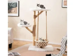 Sale Costway Kratzbaum Holz mit Hängekorb Seil Echten Holzästen 123 cm Weiß