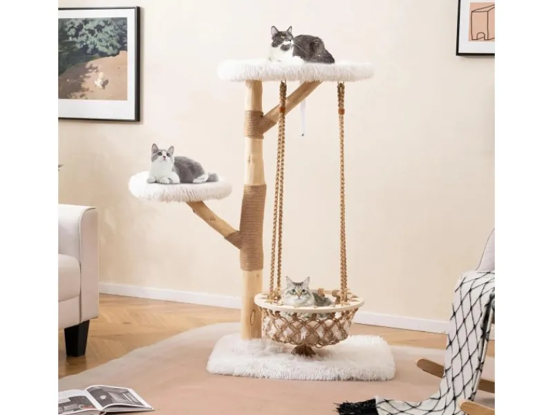 Sale Costway Kratzbaum Holz mit Hängekorb Seil Echten Holzästen 123 cm Weiß