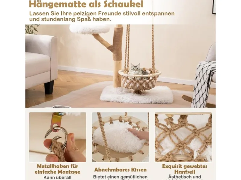 Sale Costway Kratzbaum Holz mit Hängekorb Seil Echten Holzästen 123 cm Weiß