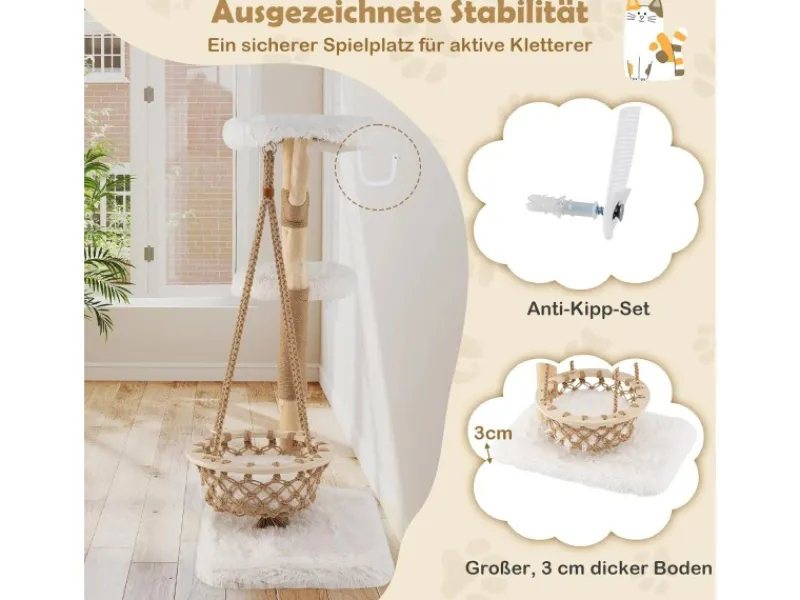 Sale Costway Kratzbaum Holz mit Hängekorb Seil Echten Holzästen 123 cm Weiß