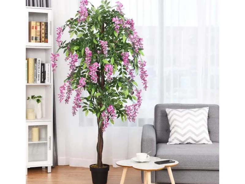 Hot Costway Kunstbaum mit Blättern & 2 Stämmen Kunstblume Rosa 180 cm