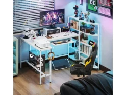 Costway Schreibtisch L-Form mit Ladestation & Bücherregal