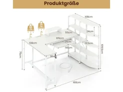 Costway Schreibtisch L-Form mit Ladestation & Bücherregal