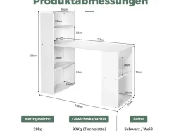 Hot Costway Schreibtisch mit Bücherregal 122 x 56 x 122 cm Weiß