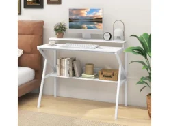 Best Costway Schreibtisch mit Monitorständer PC-Tisch mit Regal Weiß