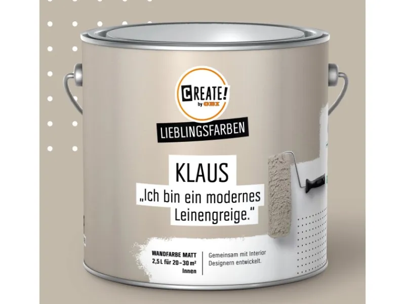 Discount CREATE! by OBI Lieblingsfarben Wandfarbe Klaus Leinen matt 2,5 l Grau