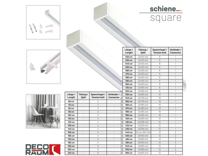 Deco-Raum Gardinenschiene nach Maß 1-Lauf Square 220cm