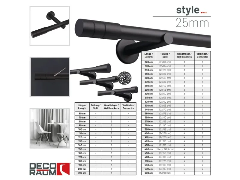 Deco-Raum Gardinenstange nach Maß 1-Lauf Zylinder Ø 25mm 440cm