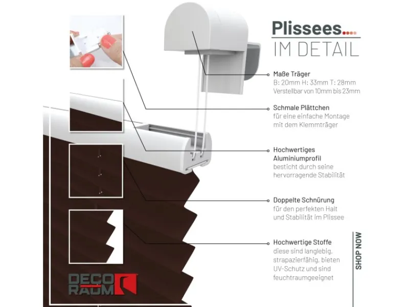 Deco-Raum Plissee Basic ohne Bohren 75x150cm Blickdicht Klemmfix
