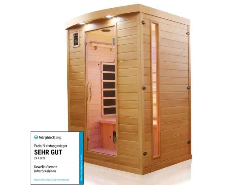 Best Dewello Infrarotkabine Sauna Pierson 135cm x 105cm 2 Personen Vollspektrum & Karbonstrahler Hemlock Tannenholz