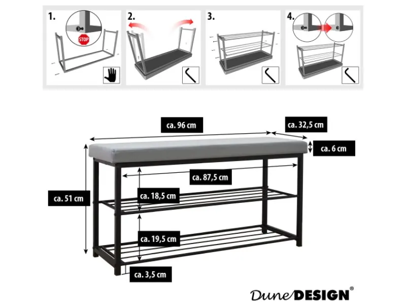 Discount DuneDesign Schuhregal mit Sitzbank 95 x 33 x 52 cm Hellgrau