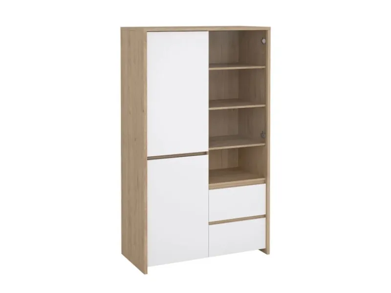 ebuy24 Next Vitrinenschrank 3 Türen 2 Schubladen 1 Ablage Eichen-Dekor Weiß Hochglanz