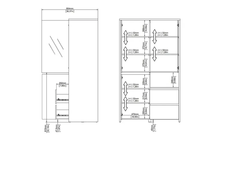 ebuy24 Next Vitrinenschrank 3 Türen 2 Schubladen 1 Ablage Eichen-Dekor Weiß Hochglanz