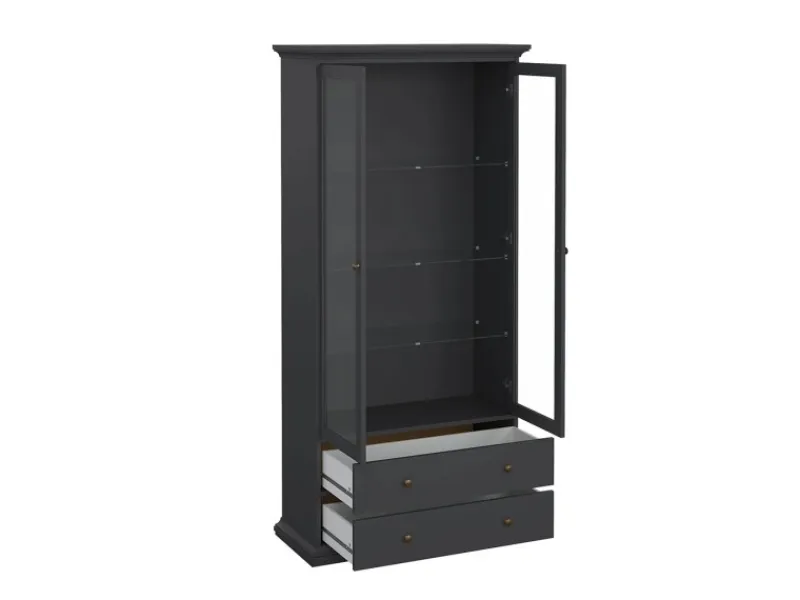 ebuy24 Venedig Vitrinenschrank 2 Glastüren und 2 Schubladen Matt Grau