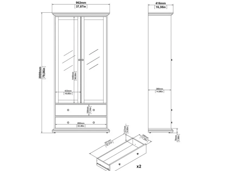 ebuy24 Venedig Vitrinenschrank 2 Glastüren und 2 Schubladen Matt Grau