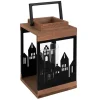ECD Germany Holzlaterne 22cm Gartenlaterne mit Kerzenständer Henkel Stadt Muster