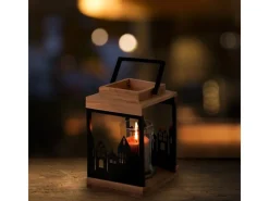 ECD Germany Holzlaterne 22cm Gartenlaterne mit Kerzenständer Henkel Stadt Muster