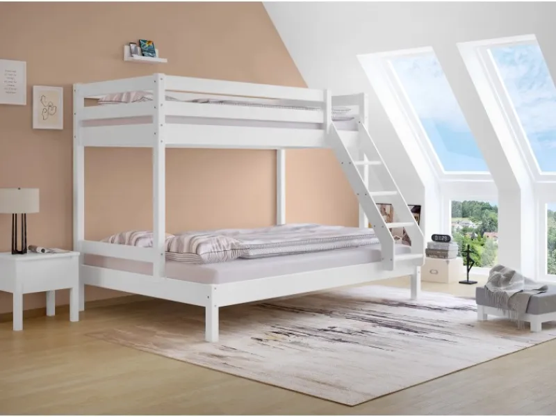 Erst-Holz Doppel-Etagenbett 90 x 200 cm und 140 x 200 cm Erwachsene Kiefer Weiß Modell 18 Rollrost inkl.