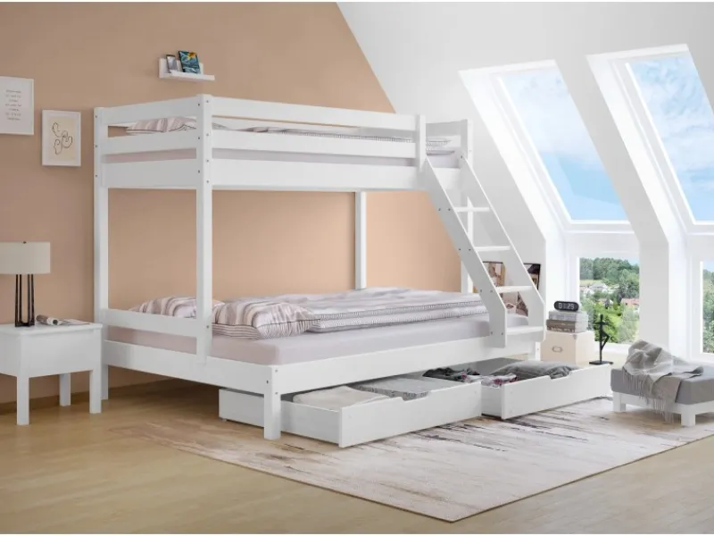 Erst-Holz Doppel-Etagenbett 90 x 200 cm und 140 x 200 cm Erwachsene Kiefer Weiß Modell 18 Rollrost inkl.