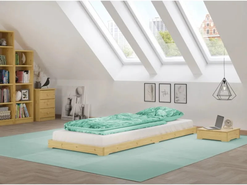 New Erst-Holz Extra Flaches Einzelbett Futon Unbehandeltes Holz Loft 90 x 200 cm Fichte Rollrost inkl.