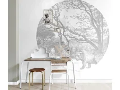 ESTAhome Selbstklebende Runde Tapete Wald Mit Waldtieren Grau Ø 140 cm 159083