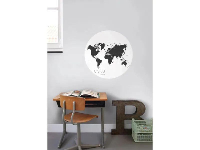 ESTAhome Selbstklebende Runde Tapete Weltkarte Schwarz-Weiß Ø 70 cm 158985