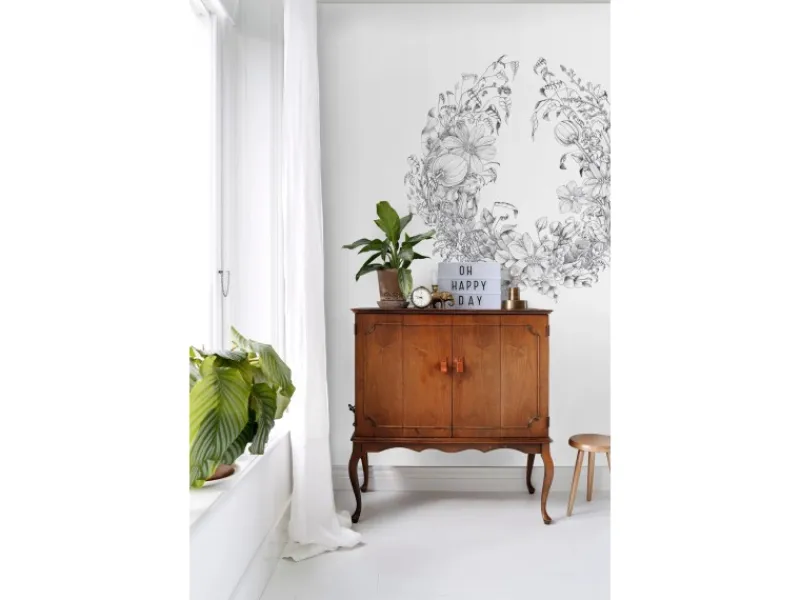 ESTAhome Selbstklebende Runde Tapete Blumenzeichnungen Schwarz-Weiß Ø 140 cm 159109