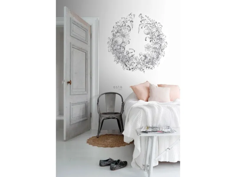 ESTAhome Selbstklebende Runde Tapete Blumenzeichnungen Schwarz-Weiß Ø 140 cm 159109