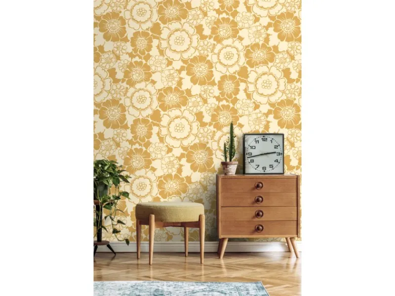 ESTAhome Tapete Retro Blumen 50 x 900 cm Gelb