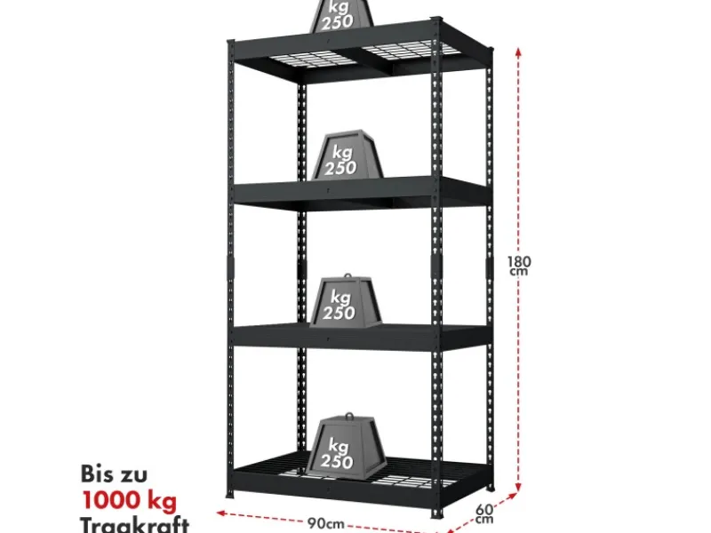 Floordirekt Schwerlastregal Yukon Rivet 4 Böden 180 x 90 x 60 cm