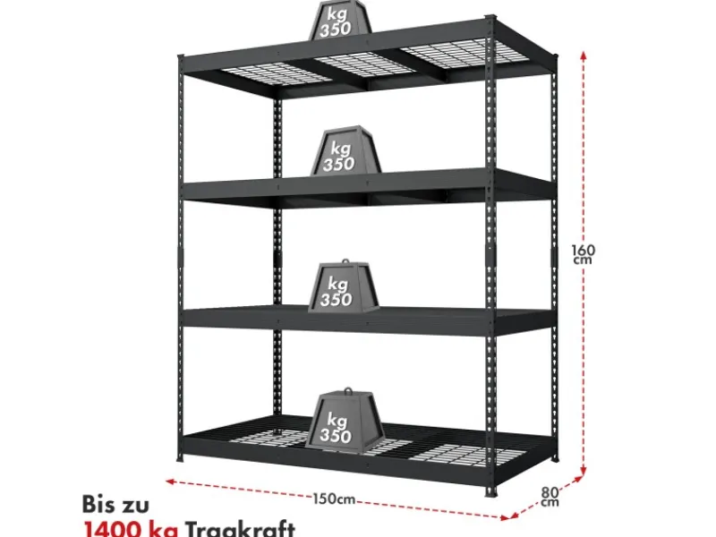 Floordirekt Schwerlastregal Yukon Rivet 4 Böden 160 x 150 x 80 cm