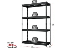 Hot Floordirekt Schwerlastregal Yukon Rivet 4 Böden 180 x 120 x 45 cm Schwarz