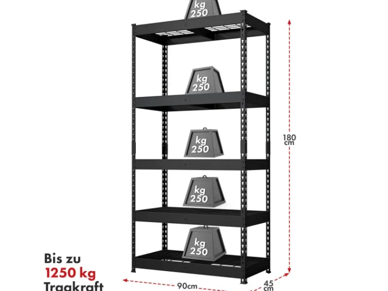 Floordirekt Schwerlastregal Yukon Rivet 5 Böden 180 x 90 x 45 cm