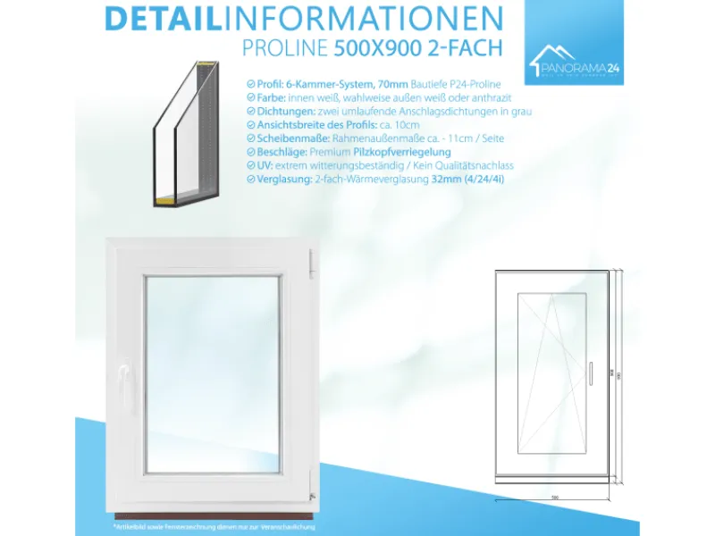Outlet Framelux Kunststofffenster Proline 2-Fach Verglasung 500 x 900 mm Rechtsanschlag Weiß