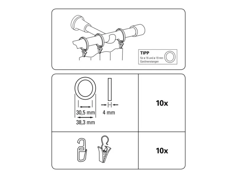 Best Gardinia Gardinenringe Europa für Ø 19 mm 10-er Pack Silber-Satin