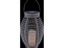 Discount Globo LED-Solaraußenleuchte Laterne mit Feuereffekt Kunststoff Grau Rattanoptik