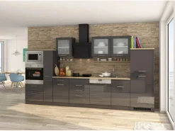 Held Möbel Küchenzeile Mailand 370 cm -Grau Matt mit E-Geräten