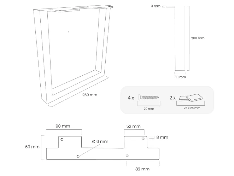 HEVVA Möbelbein GRAZ 20 cm Hoch 25 cm Tief 1 Stück Rohstahl-Klarlack